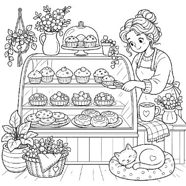 A woman stands behind a bakery display case filled with cupcakes, cookies, and pastries, with a sleeping cat nearby.