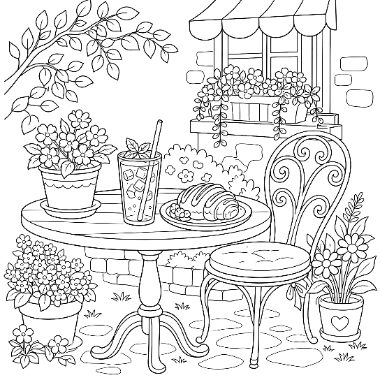 Line art of a bistro table with an iced drink and croissant, flanked by a wire chair, potted flowers, and a window with an awning.