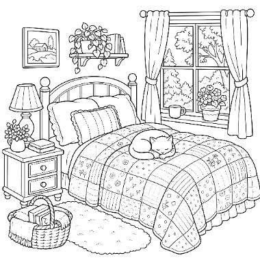 Line drawing of a bedroom with a quilted bed, sleeping cat, nightstand, window with curtains, and a basket on the floor.
