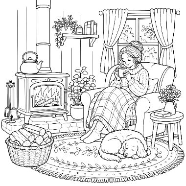 Line drawing of a woman in a chair drinking tea beside a wood stove, with a sleeping dog on a rug nearby.
