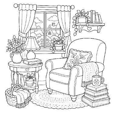 Line art of an armchair with pillow and blanket beside a window, side table, books, basket, and rug.