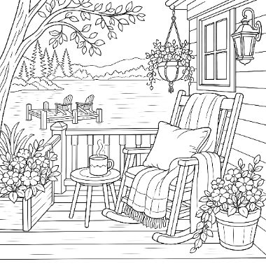 A porch scene with a rocking chair, small table with coffee cup, potted flowers, and a lake view with a dock.
