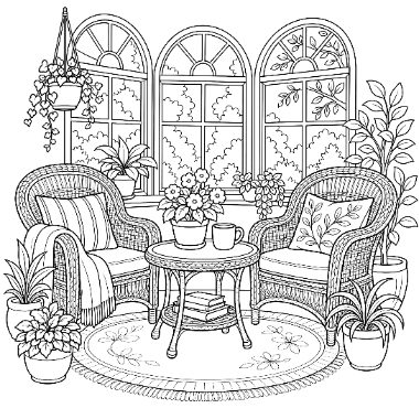 Two wicker armchairs with cushions flank a small round table topped with flowers and cups, surrounded by potted plants and arched windows.