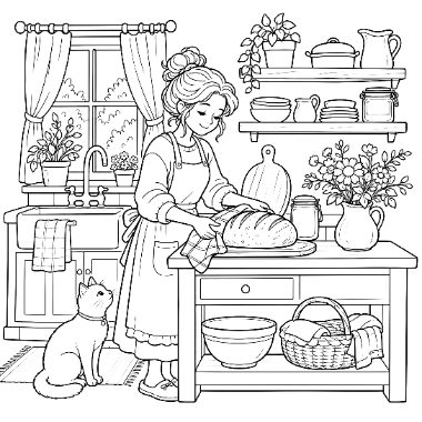 Line drawing of a woman in an apron slicing bread on a kitchen table while a cat sits nearby, near a window and shelves.