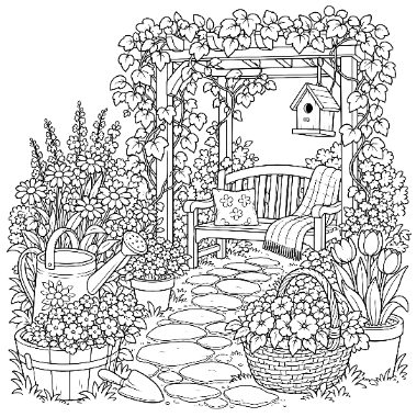 A wooden bench with a cushion sits under a flowering arbor beside a birdhouse, watering can, and stone path.