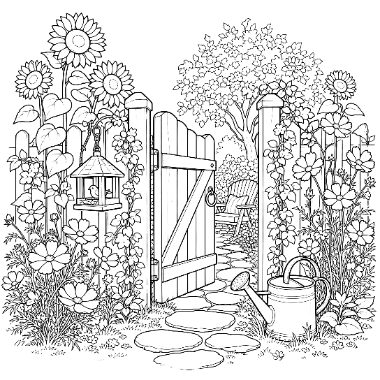 Line art of an open garden gate surrounded by sunflowers and vines, with a birdhouse, watering can, and stepping stone path leading to a bench under a tree.