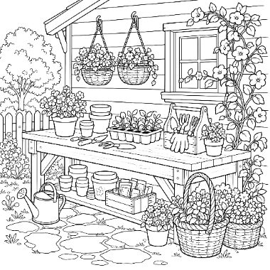 A wooden potting bench with pots, gloves, and plants sits outside a house near hanging flower baskets and a basket of flowers.