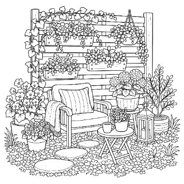 A cozy garden corner with an armchair, small table, lantern, and potted flowers beneath a wall trellis covered in blooms.