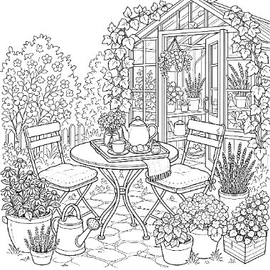 Line drawing of a patio table and chairs beside a greenhouse, surrounded by potted flowers, a watering can, and ivy vines.