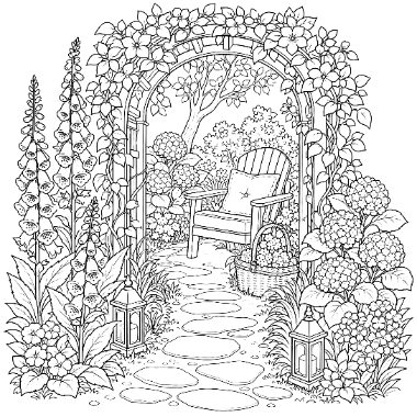 Line art of a floral archway leading to a chair and basket on a stone path, flanked by lanterns and tall flowers.