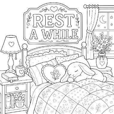 A bunny sleeps on a heart pillow in a bed beneath a 'Rest a While' sign, with a nightstand, lamp, and flowers nearby.