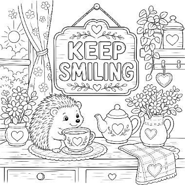 A line art scene of a hedgehog beside a teacup on a dresser, with a teapot, flowers, and a Keep Smiling sign in the background.