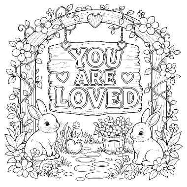 A hanging wooden sign reading You Are Loved beneath a floral arch, with two rabbits and a flower basket in a garden.