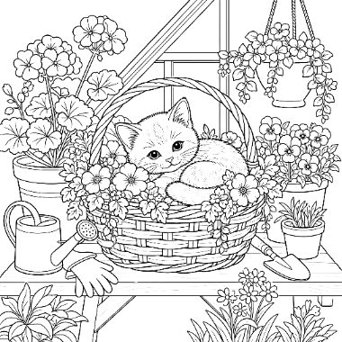 Line art of a kitten sitting in a flower-filled basket on a table, surrounded by potted plants and a watering can.