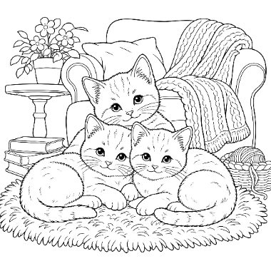 Three kittens cuddled together on a fluffy rug in front of an armchair with a blanket, near a small table with flowers and books.