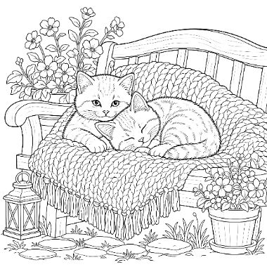 Two kittens cuddle together on a knitted blanket atop a wooden bench, surrounded by potted flowers and a lantern.