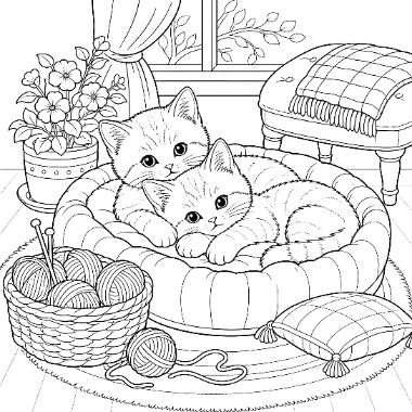 Two kittens rest together in a round cushioned bed near a window, with a yarn basket and stool nearby.