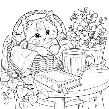 A fluffy kitten peeks out of a woven basket on a round table beside a mug, book, potted flowers, and trailing leaves.