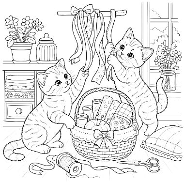 Two kittens play with ribbons hanging above a sewing basket filled with thread, near a window and potted plants.