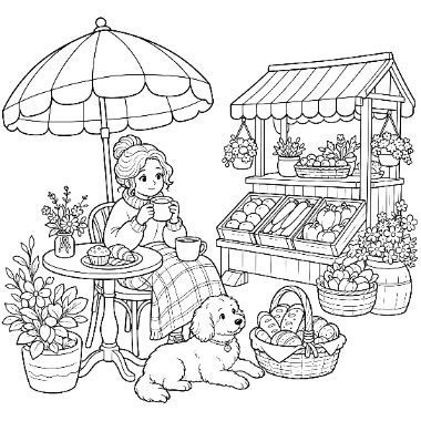 A woman sits at a small table under an umbrella drinking tea, with a dog nearby and a fruit and vegetable market stall.