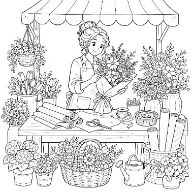 A woman with her hair in a bun arranges a bouquet at a flower stall filled with potted plants, vases, and a basket.