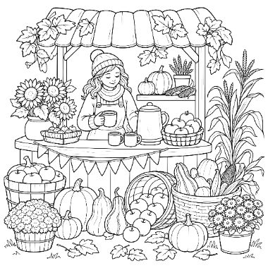 A girl in a warm hat stands behind a market stall holding a mug, surrounded by pumpkins, sunflowers, apples, and corn.