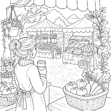 A woman holding a cup looks at a market stall with flowers and bread, near baskets of fruit and vegetables.