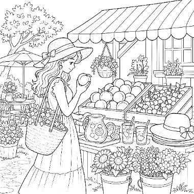 A woman in a sun hat holds an apple while browsing a market stall with fruit, flowers, and a pitcher of lemonade.