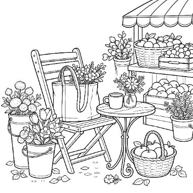 Line art of a garden chair with a tote bag, small table, buckets of flowers, and baskets of fruit near an awning.