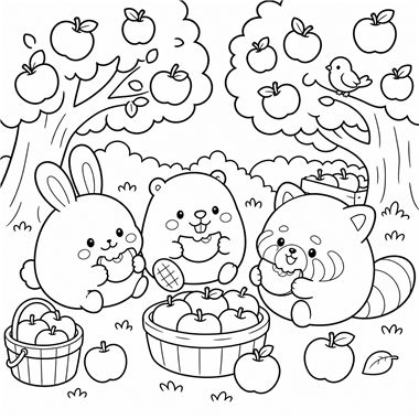 A bunny, bear, and red panda sit together eating apples from baskets beneath two apple trees with a bird.