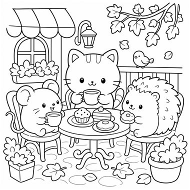 A cartoon cat, mouse, and hedgehog sit at a table on a patio enjoying tea and cupcakes together.