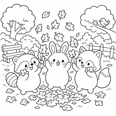 Two raccoons and a bunny stand among falling autumn leaves in a park, with a bench, trees, fence, and bird in the background.