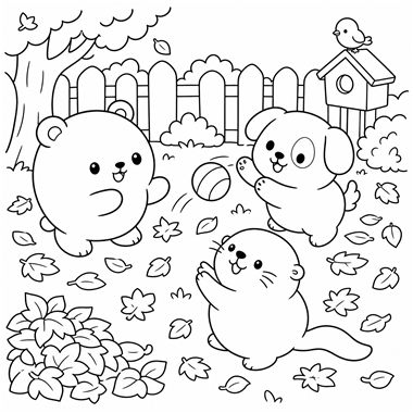 A bear, puppy, and otter play with a ball among falling leaves near a fence and birdhouse.
