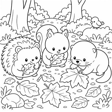 A hedgehog, squirrel, and otter sit among autumn leaves in a forest, with a bird perched on a branch above.