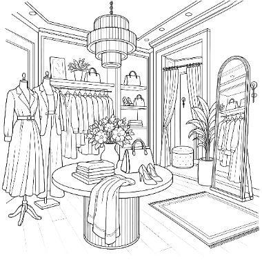 Line drawing of a clothing boutique with dressed mannequins, a round table with flowers and accessories, and a tall mirror.