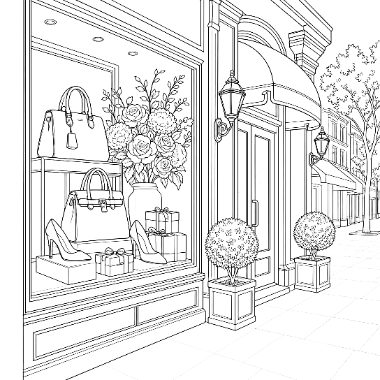 Line drawing of a shop window with handbags, shoes, and flowers, next to an entrance with topiary planters on the sidewalk.
