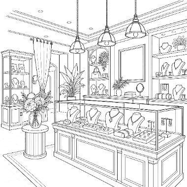 Line drawing of a jewelry shop with display cases, necklace stands, shelves, hanging pendant lights, curtains, and a vase of flowers.