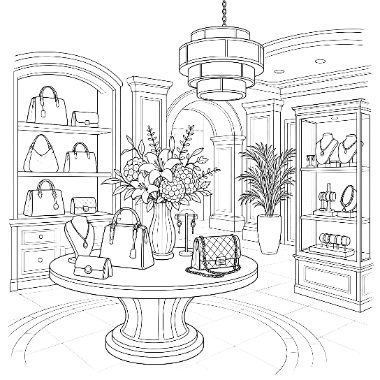 A line drawing of a luxury shop with handbag shelves, a jewelry cabinet, a round table with a flower vase and bags, and a hanging chandelier.
