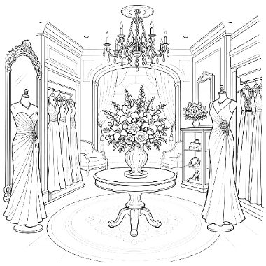 A line drawing of a boutique with chandelier, floral centerpiece on a round table, mirrors, and dresses on mannequins and racks.