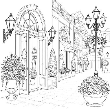 Line drawing of a charming street scene with shop windows, ornate lampposts, topiary trees, and flower planters.
