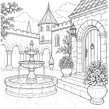 A line drawing of a tiered fountain in a castle courtyard with an arched doorway, tower, and potted flowers.