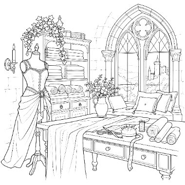 A line drawing of a dress on a mannequin beside a shelf, seat, and desk with sewing supplies near a gothic window overlooking a castle.