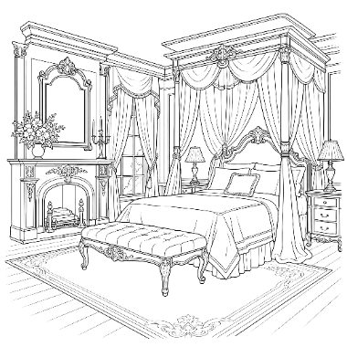 Line drawing of an elegant bedroom with a curtained canopy bed, fireplace, mirror, nightstands, lamps, and a cushioned bench on a rug.