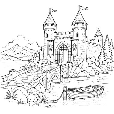 Line drawing of a turreted castle beside a lake, connected by a stone bridge, with a small rowboat and trees nearby.