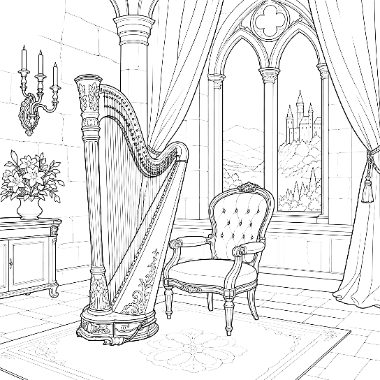 Line art of a castle interior with a tall harp, upholstered armchair, candle sconce, flowers on a cabinet, and arched window showing a distant castle.