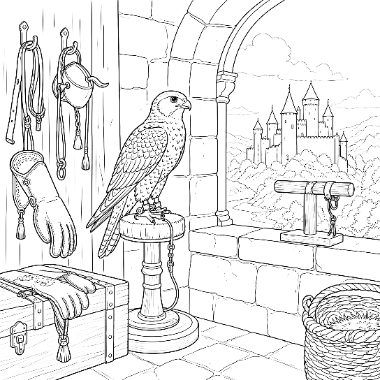 A falcon perched on a wooden stand inside a stone room, with falconry gear and a distant castle visible through the window.