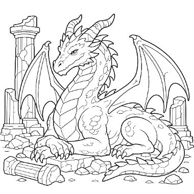 A large horned dragon with folded wings sits amid broken columns and scattered stones in ancient ruins.
