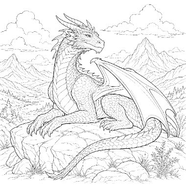 Line art of a dragon with folded wings sitting on a rock, overlooking mountains and clouds.
