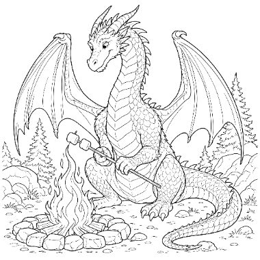 A dragon with large wings sits by a campfire, holding sticks with marshmallows over the flames, surrounded by trees and rocks.