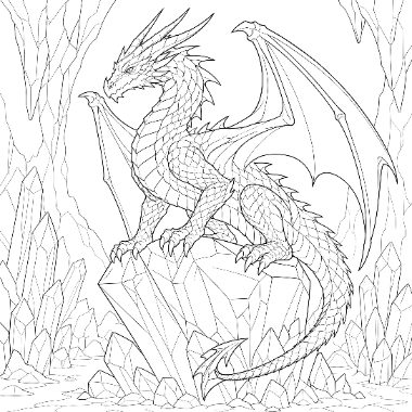 Line art of a horned dragon with large wings standing on a faceted crystal, surrounded by tall crystal spikes.